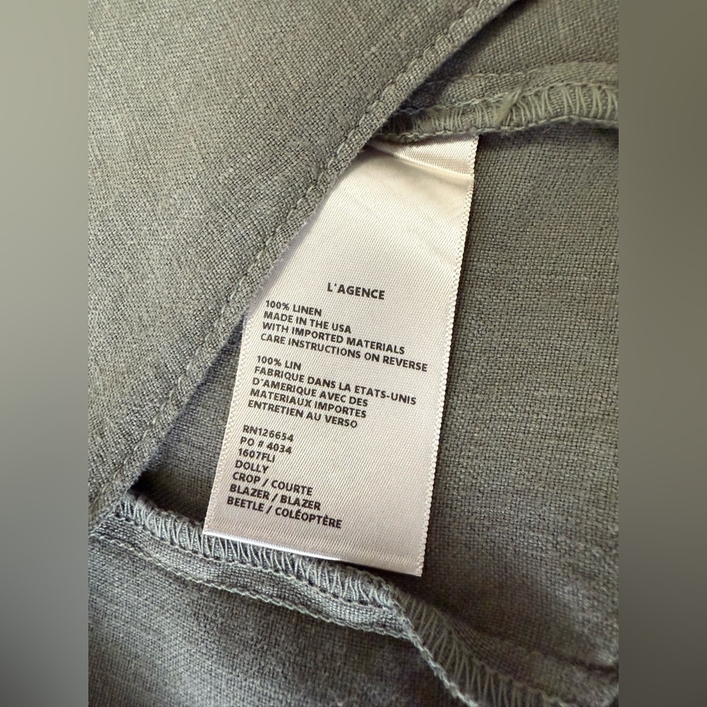 L’AGENCE | SZ Medium | Dolly Olive Green Cropped Military Style Blazer | Linen - Picture 9 of 11
